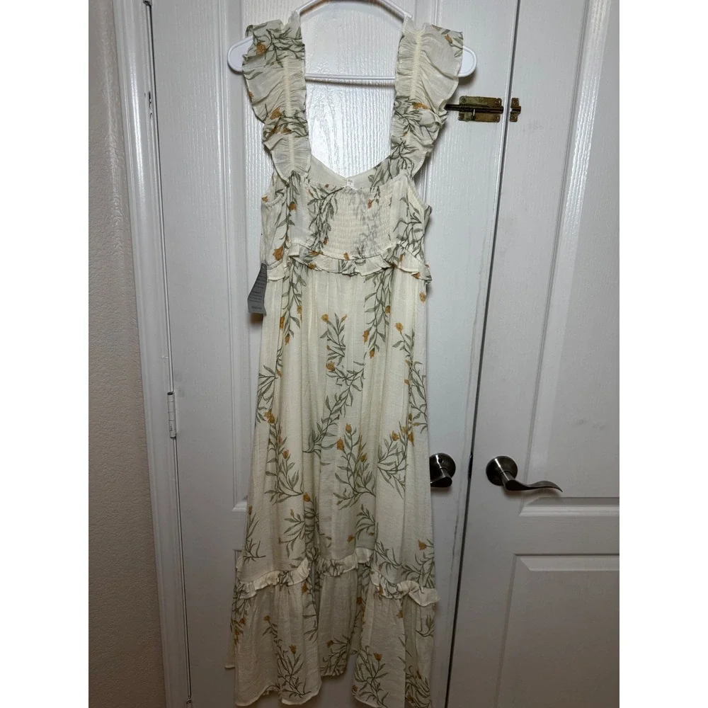 Blu Pepper Cream Floral Ruffle Flutter Sleeve Tiered Midi Dress Ivory Size L